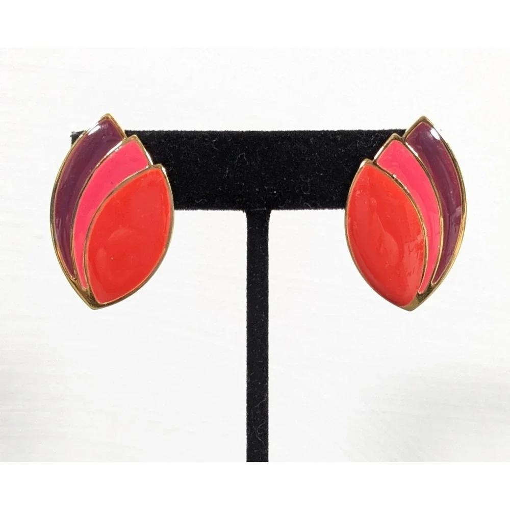 Bold Ombre Leaf Drop Earrings Pink Red Purple Enamel Retro‎ Statement